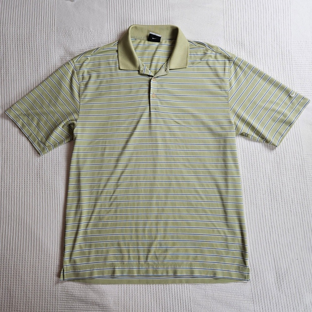 Nike Golf Green White Blue Stripe Dad Polo Shirt Dri Fit Performance Men L